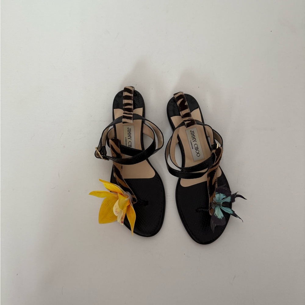 Jimmy Choo shoes Sandals flats butterfly orchid zebra leather fur size 37 7